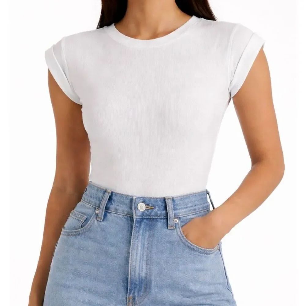 Zara white ribbed rolled sleeve bodysuit size small